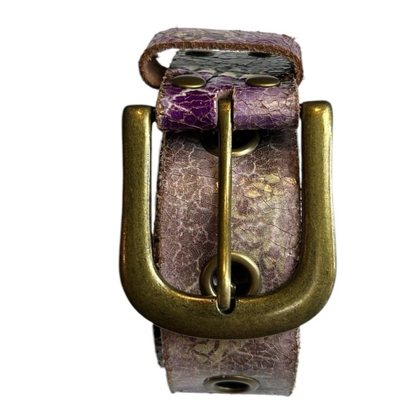 Ok Ed Hardy graphic wide buckle genuine, leather purple and gold belt SZ S